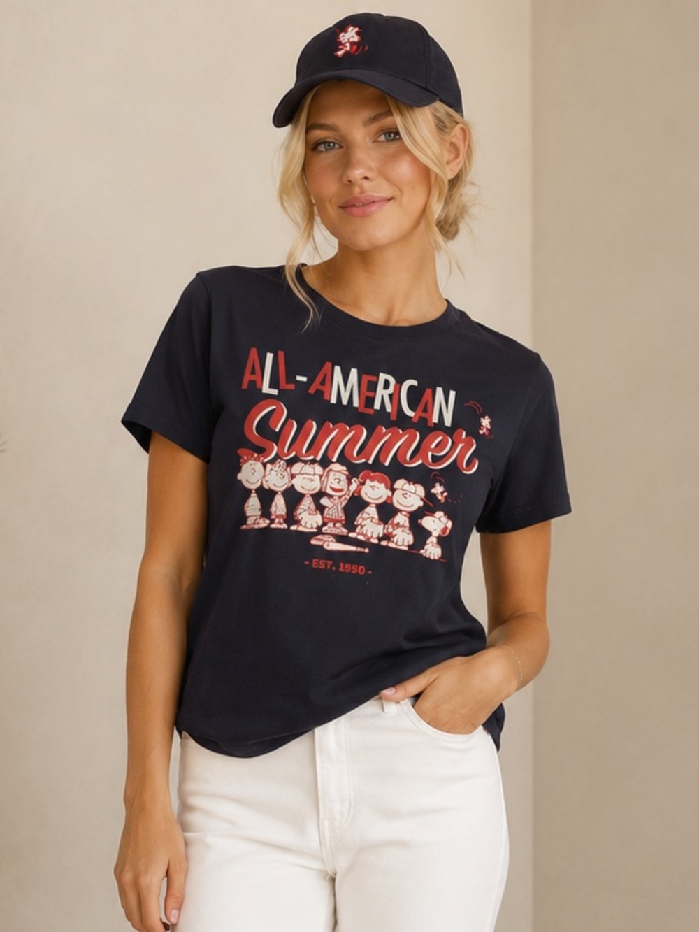 NWT Peanuts Navy Short Sleeve Tee with Red and White Graphic